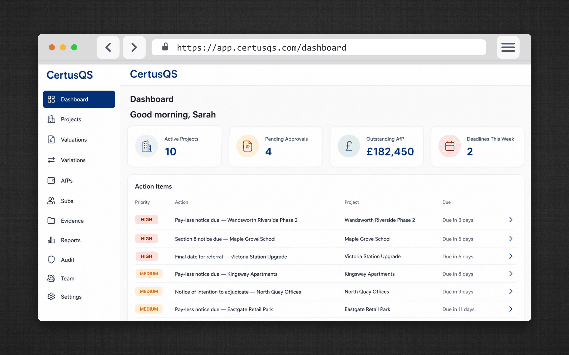 CertusQS — Commercial SaaS · UK, built by Desishub