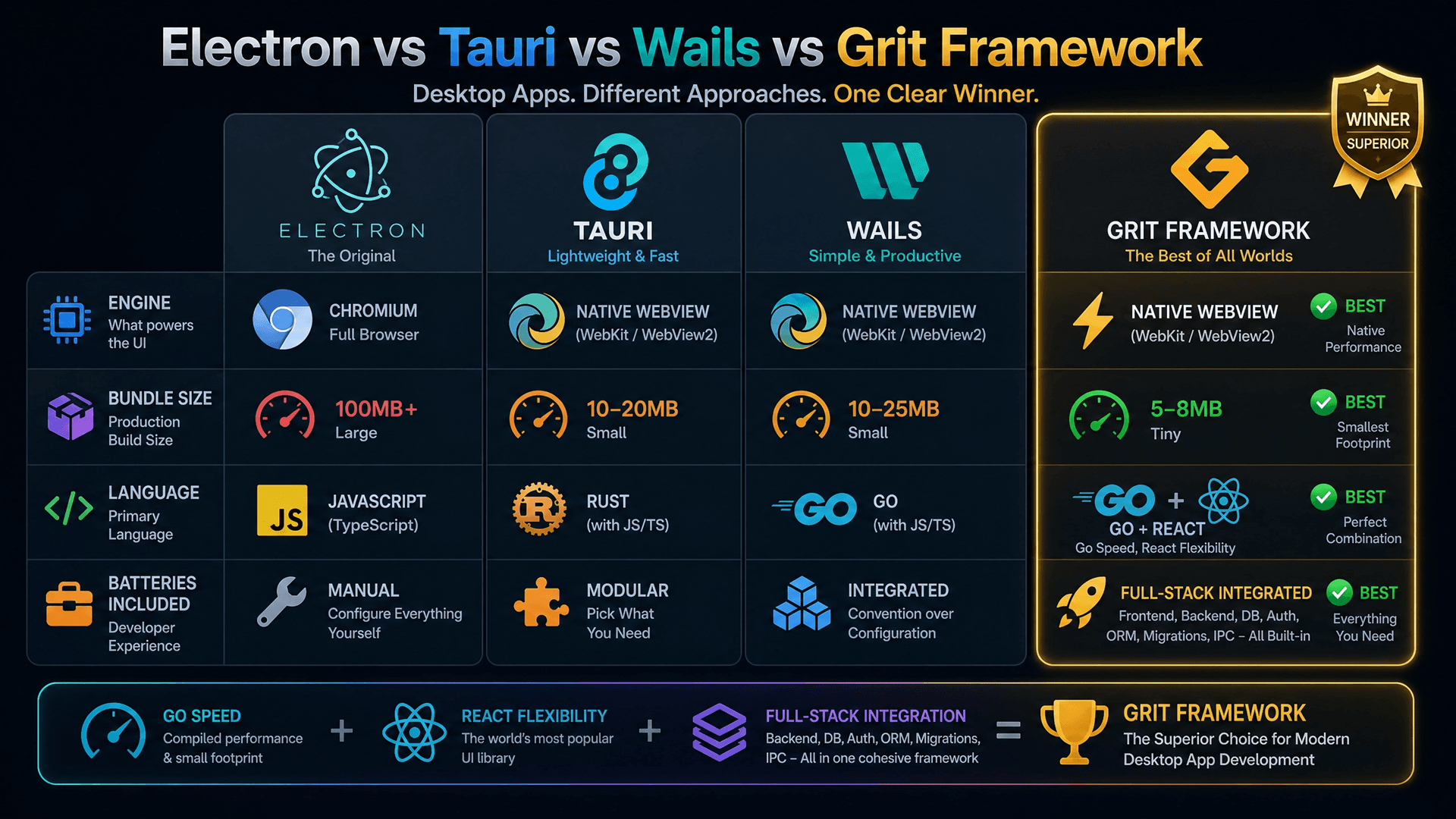 Electron vs Tauri vs Wails vs Grit Framework — engine, bundle size, language and batteries comparison
