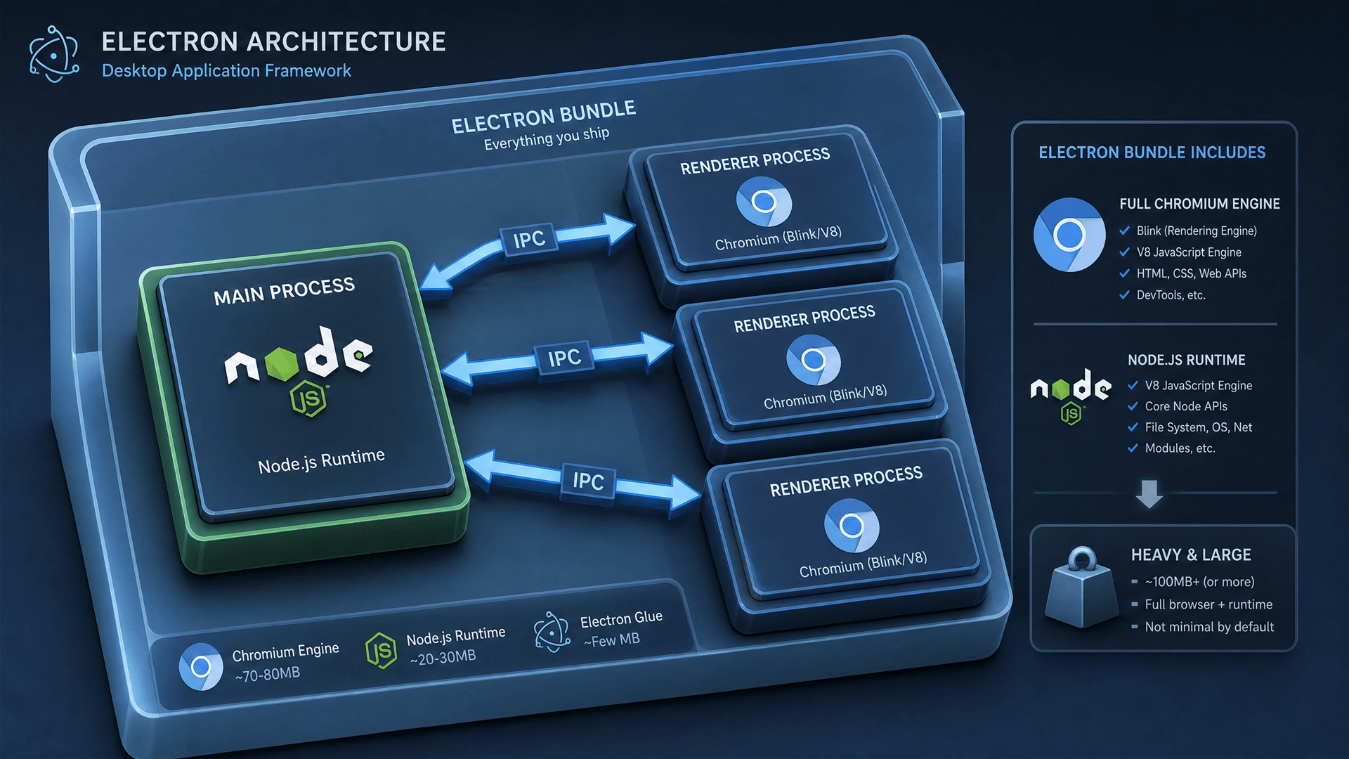 Electron architecture — Chromium engine + Node.js runtime bundled with every app