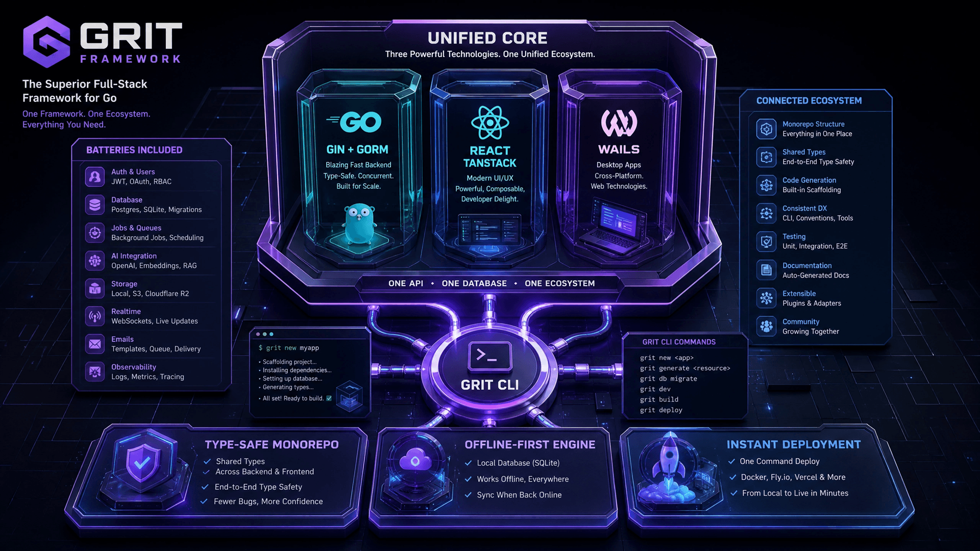 Grit Framework architecture — Go + React + Wails with batteries included